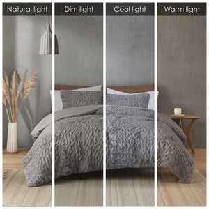 JLA Home Madison Park - Ruched Faux Fur Comforter Set with Hypoallergenic Down Alternative, OEKO‑TEX Certified Luxury Touch Grey MP10-8211