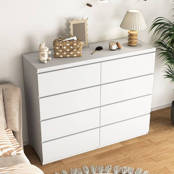 English Elm 8 Drawer Tall Chest Slim Particleboard Build Smooth Gliding Storage for Bedroom Closet White W409S00030