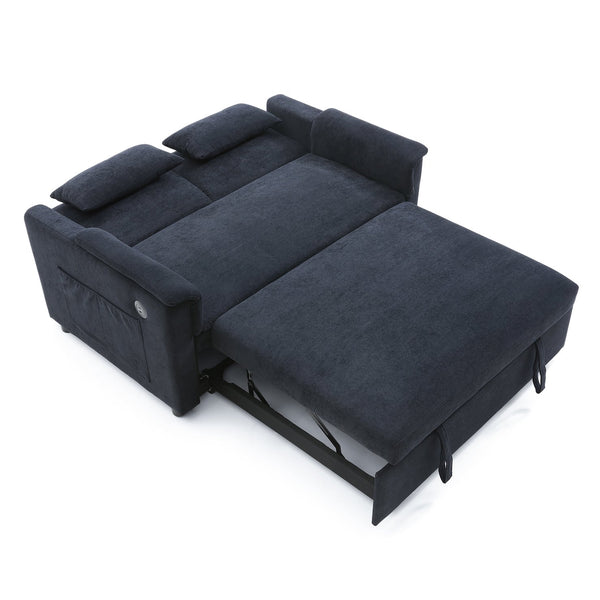 English Elm 55" Velvet Two Seater Pull Out Sofa Bed with USB Ports, Side Pockets, Adjustable Backrest, Compact Lounger Black W2677P288324