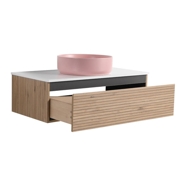 English Elm 36'' Floating Wall Mounted Vanity with Art Ceramic Vessel Sink and Soft Close Drawer W999S00364