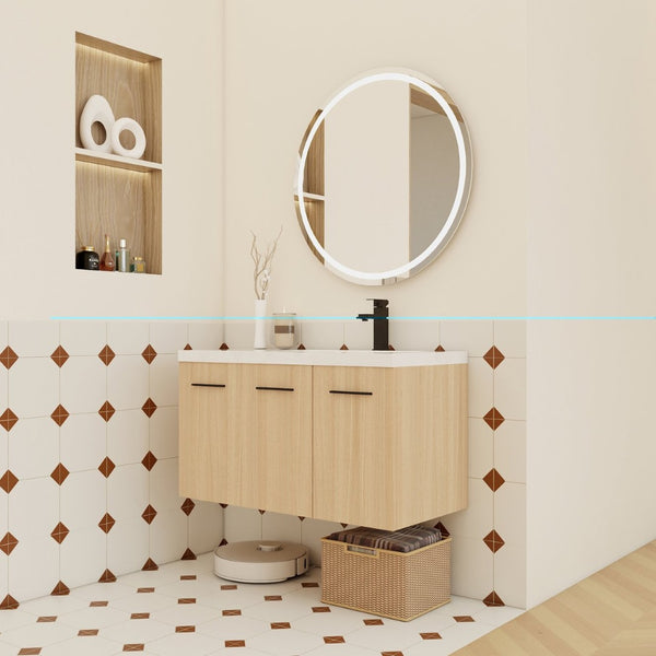 English Elm 36" Floating Bathroom Vanity Light Oak Modular Cabinet with Gel Coat Integrated Sink W3450S00082