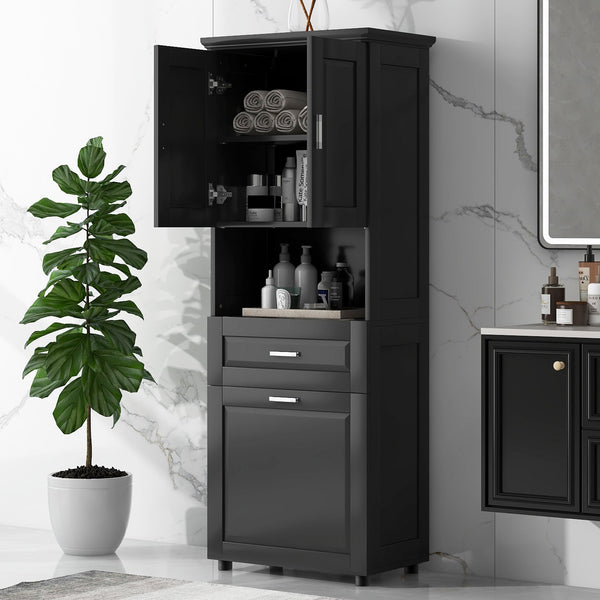English Elm Tall Bathroom Cabinet with Tilt-Out Laundry Hamper, Adjustable Shelves, Anti-Tip Design & Large Storage Black WF323481AAB