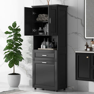 English Elm Tall Bathroom Cabinet With Laundry Basket, Large Storage Space Tilt-Out Laundry Hamper and Upper Storage Cabinet, Black