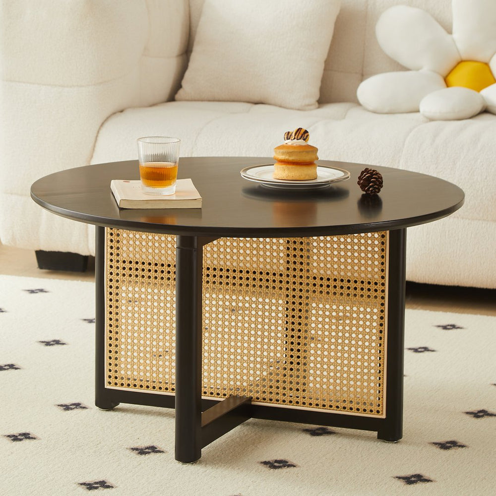 English Elm Mid-century round solid wood coffee table with PE rattan stand, 31.5" Boho black centerpiece, durable style W2720P237624
