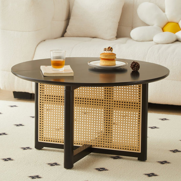 English Elm Mid-century round solid wood coffee table with PE rattan stand, 31.5" Boho black centerpiece, durable style W2720P237624