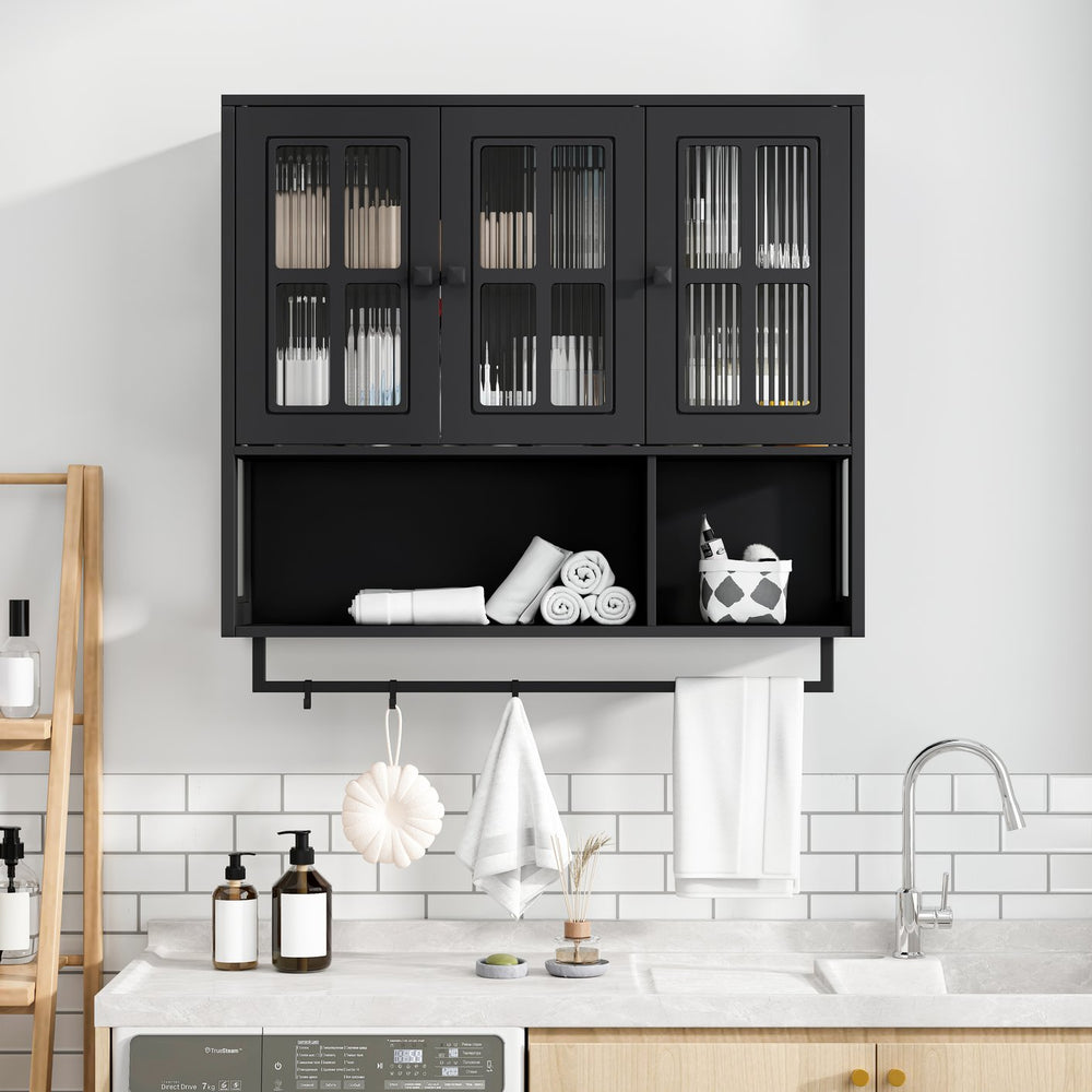 English Elm Bathroom Wall Cabinet with 3 Doors and Glass Panel, MDF Storage Cabinet with Towel Bar, Modern 35.6"L x 10.2"W x 32.5"H Black W757P329724