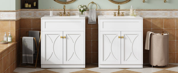 English Elm 60'' Bathroom Vanity Set With Glossy Ceramic Sink, Modern Cabinet, Gold Handles & Soft-Close Doors N710SS00005K