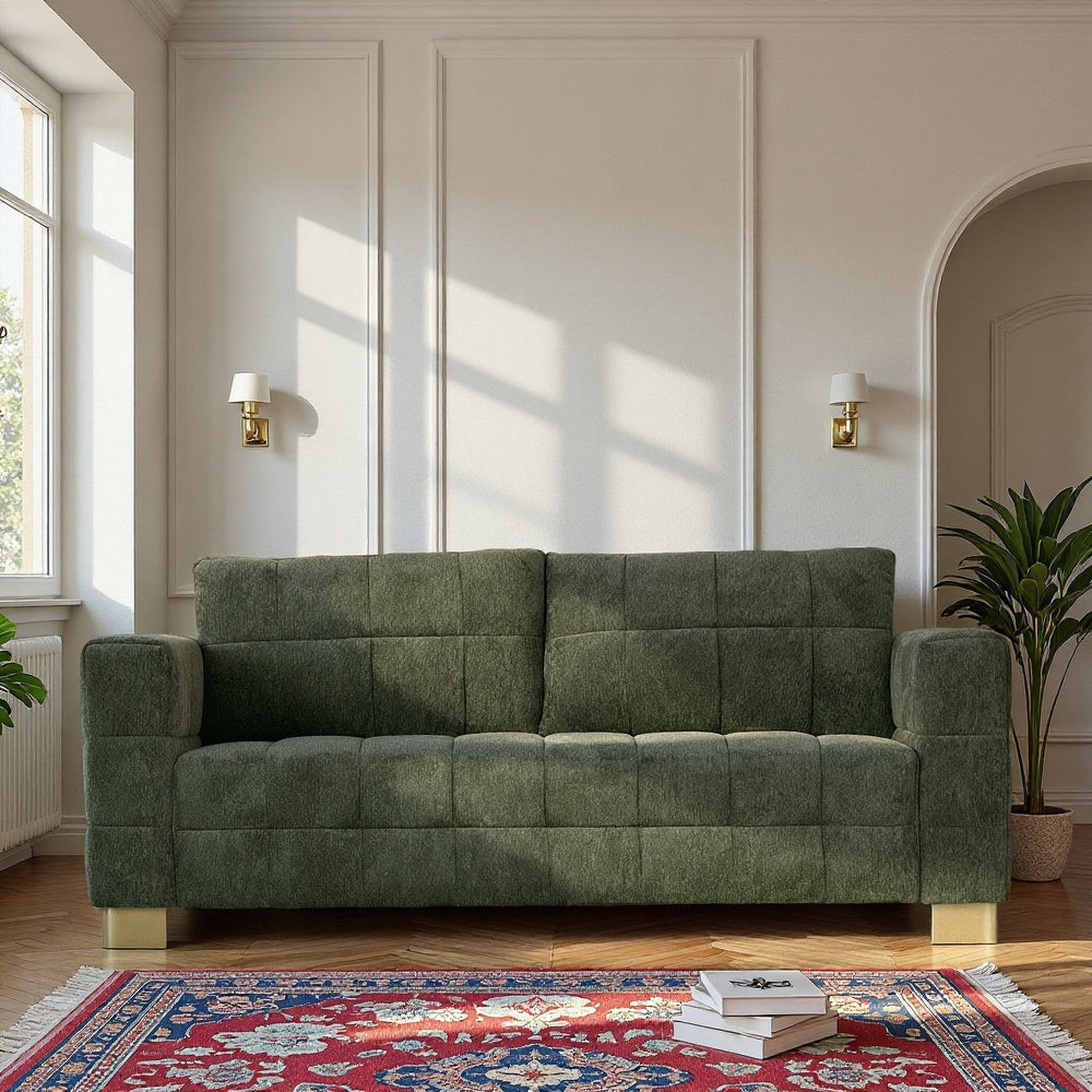 English Elm FX-P54-RB Modern Chenille 3-Seater Sofa with Wide Arms, Tufted Box Stitching & Stainless Legs for Durable Comfort Retro Green W576S00166