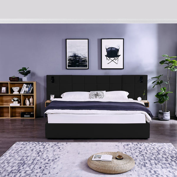 English Elm King Size Hydraulic Velvet Platform Bed With Usb, Reading Lamps & Storage Shelves For Modern Spaces W1413S00108