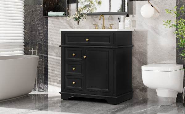 English Elm 30" Freestanding Bathroom Vanity Acacia Wood Matte Black Finish Gold Knobs Ceramic Sink N759P227429B