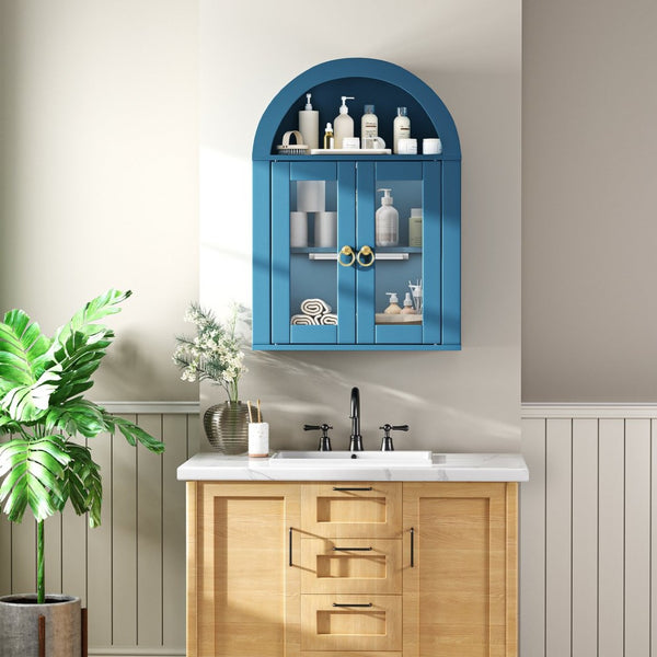 English Elm Wall Mounted Arched Cabinet Tempered Glass Doors Led Lighting Adjustable Shelves Bathroom Turquoise T3210P471552