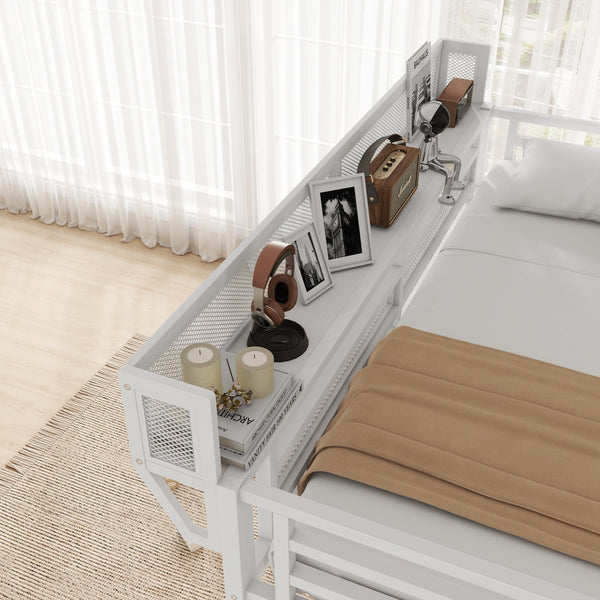 English Elm Full Loft Bed with Desk and Charging Station, Metal Loft with Stairs, Wardrobe, Shelves & Light White W2580S00046