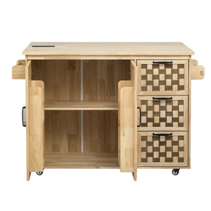 English Elm K&K Vintage Woven Checkerboard Kitchen Island 53.2" with Drop Leaf, Power Outlet, 5 Wheels, Storage N707P215328Y