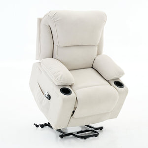 English Elm Ivory Corduroy Recliner with Heat, Massage & Assistive Lift — Remote Control, Cup Tray Comfort W570P320340