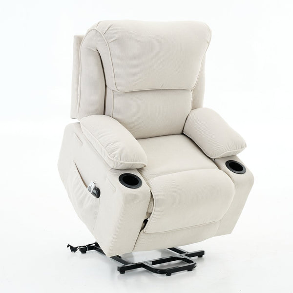 English Elm Ivory Corduroy Recliner with Heat, Massage & Assistive Lift — Remote Control, Cup Tray Comfort W570P320340