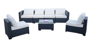 English Elm Seven-Piece Outdoor Rattan Sofa Set With Table & Beige Cushions - Stylish, Durable Patio Furniture W3152S00003-GIGA