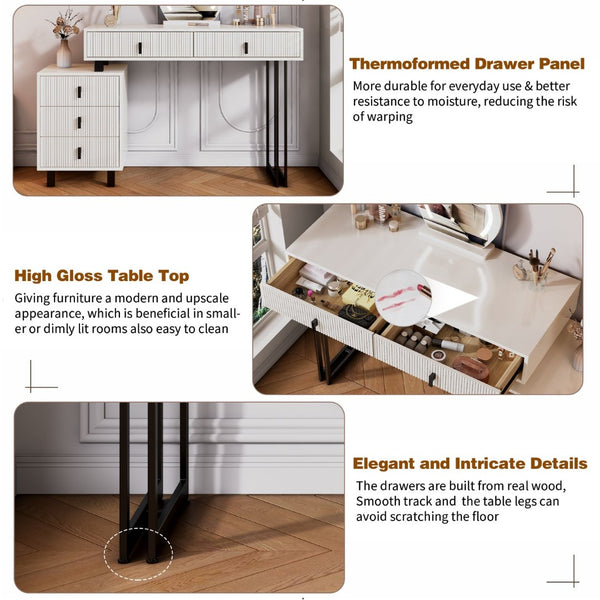 English Elm Adjustable-length Makeup Vanity with Cloud Led Mirror Ribbed Drawers and Modular Storage W3767P441919