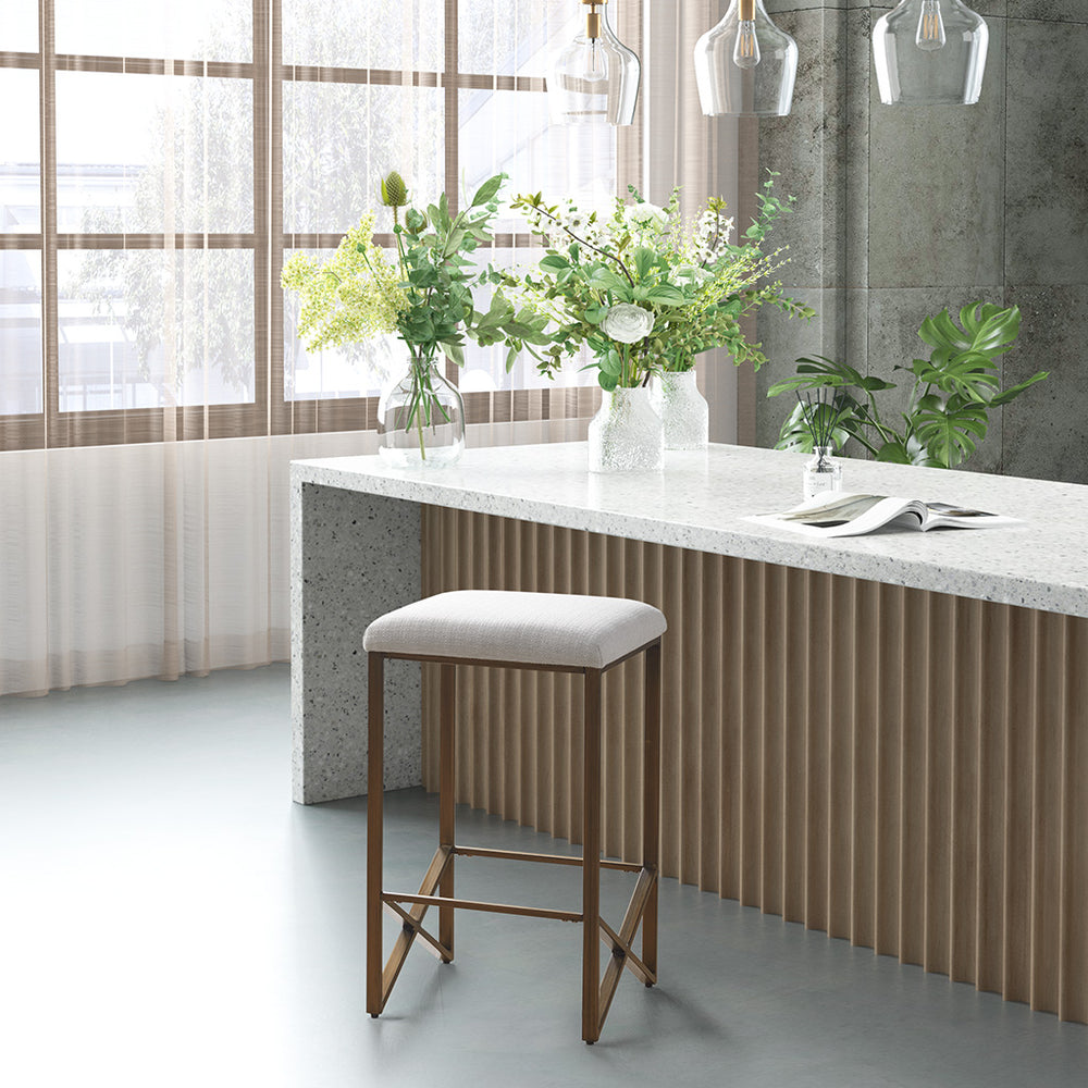 JLA Home INK+IVY - Backless Ivory Upholstered Counter Stool 26"H — Slim Bronze Metal Base, Padded Seat, Modern Minimalist Design II104-0490