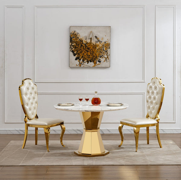 English Elm 47" Round Marble Dining Table - Luxurious High Gloss Faux Marble Top & Stainless Steel Base For Modern Spaces W3456S00005