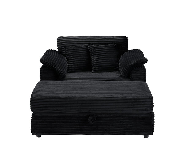 English Elm 47.24-inch corduroy armchair with storage ottoman and USB ports, spring seat, solid wood frame lounge Black W3356S00023