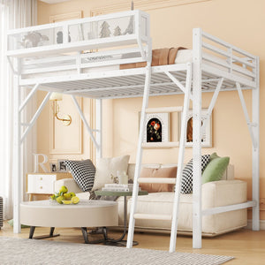 English Elm Queen Size Metal Loft Bed with Ladder and Built-In Storage Shelves, Sturdy High Bed for Teens 99" White W2580P379980