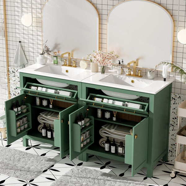 English Elm 60" Modern Bathroom Vanity Set with Double Ceramic Sinks, Soft-Close Doors, Flip Drawer & Storage Green N729P000002F