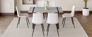 English Elm Table And Chair Set: Modern Grey Marble Dining Table With 6 Pu-Cushioned Chairs & Metal Frame W1151S01883-GIGA