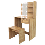 English Elm Vanity Desk Set Stool & Dressing Table With Led Lighting Mirror Drawer and Compartments Modern Wood Cosmetic Table Chest Of Drawers Nature Color