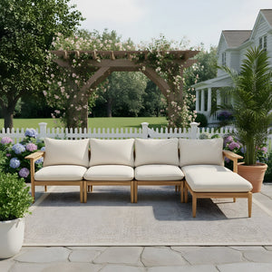 English Elm Terassi Solid Acacia Outdoor Sectional with Teak Finish and Plush Beige Cushions TERASSI L-SHAPE SOFA