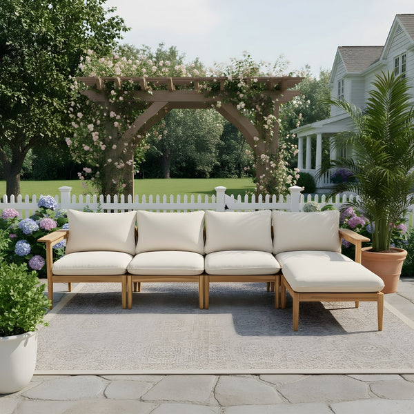 English Elm Terassi Solid Acacia Outdoor Sectional with Teak Finish and Plush Beige Cushions TERASSI L-SHAPE SOFA