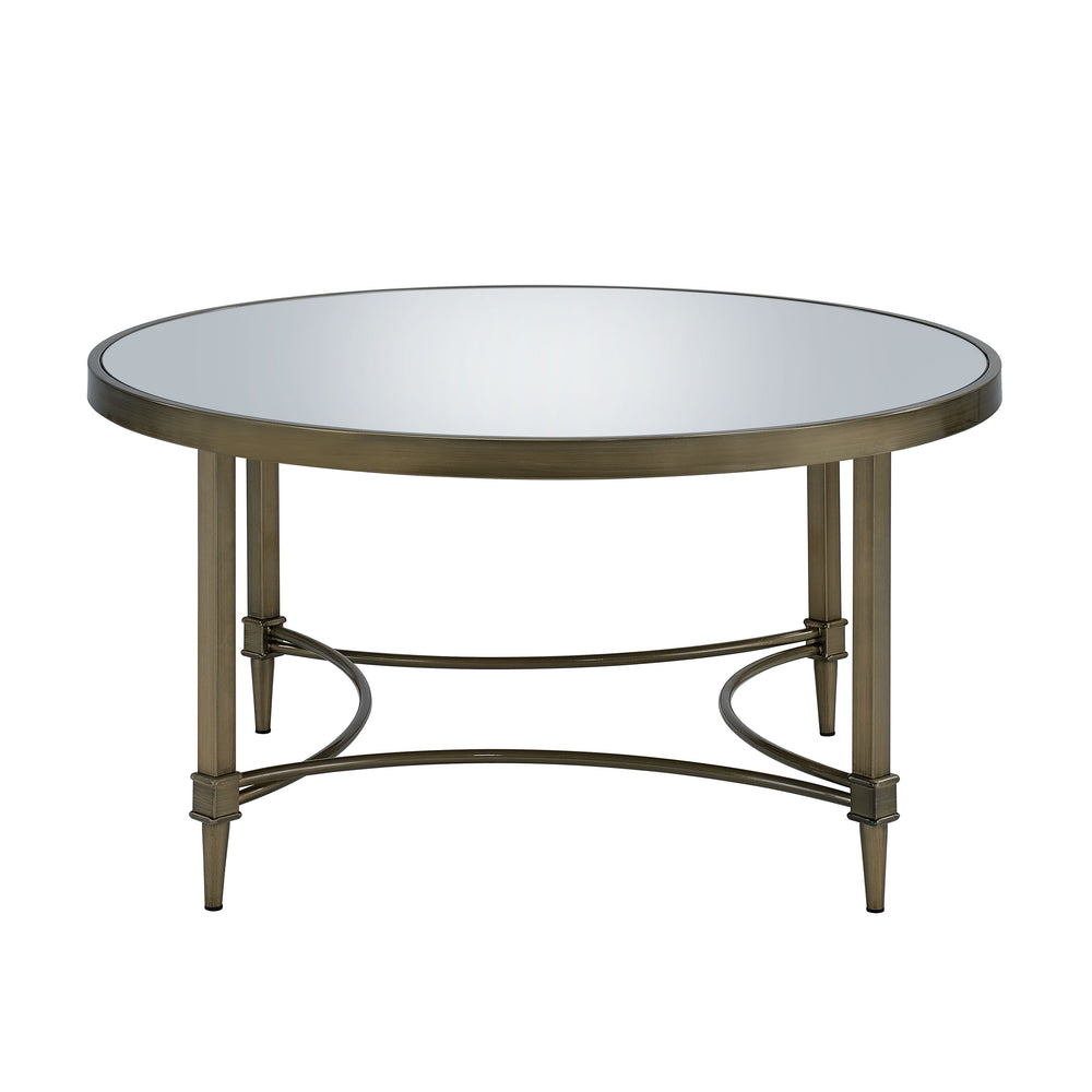 English Elm Aditya Mirrored & Antique Brass Coffee Table with 5mm Glass Top, Curved Crossbar & Luxe Vintage Flair B2726P255337