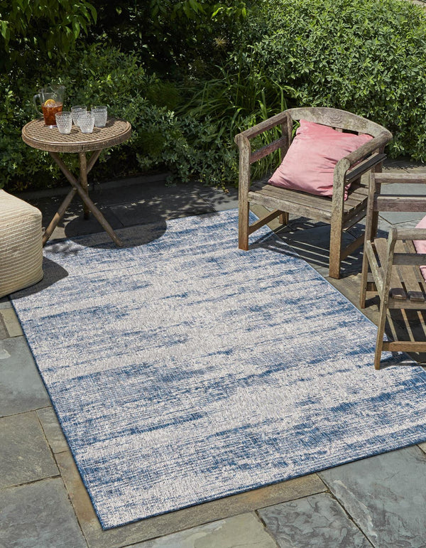Unique Loom Outdoor Modern Cartago Machine Made Abstract Rug Blue, Ivory/Gray 10' 0" x 14' 1"