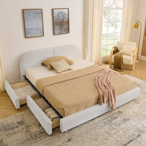 English Elm Queen Platform Bed Curved Headboard Circle Yarn Fabric with Four Wheeled Storage Drawers Beige W487S00481