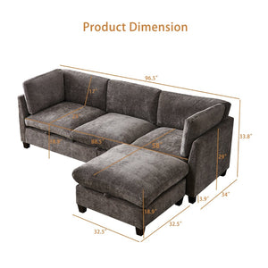 English Elm 96.5" L-shaped Chenille Sectional with Storage Ottoman Eucalyptus Frame Living Room Gray W1097S00280