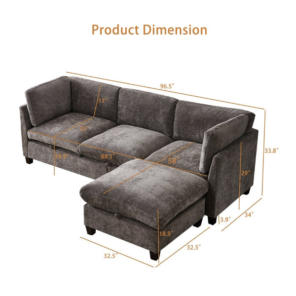 English Elm 96.5" L-shaped Chenille Sectional with Storage Ottoman Eucalyptus Frame Living Room Gray W1097S00280