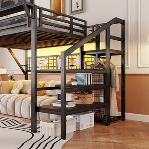 English Elm Queen Metal Loft Bed with Staircase Wardrobe Rgb Lighting Industrial Frame W2580S00067