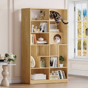 English Elm Modern Wood Grain Bookshelf Cat Habitat with Climbing Cubbies for Living Room Natural N752P395027N
