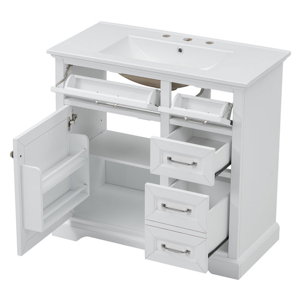 English Elm 36" Modern White Bathroom Vanity with Ceramic Undermount Sink, Heavy-Duty Storage & Soft-Close Drawers W2896P318472