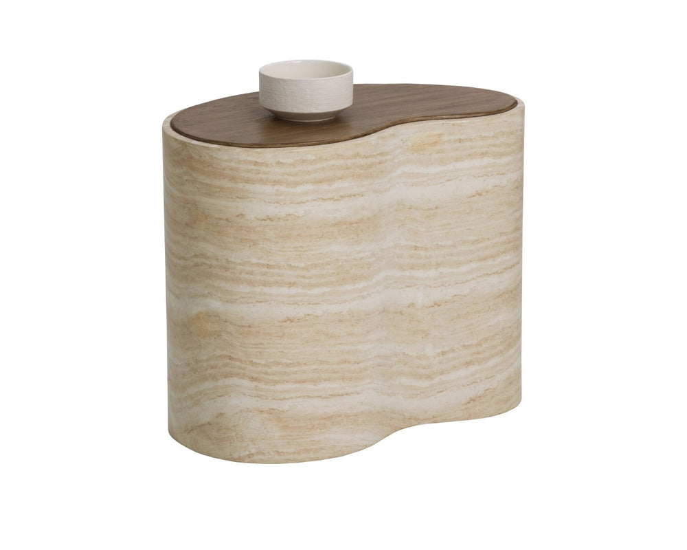 Sunpan ISHIKO Coffee Table - Sculptural Design with Warm Wood Top & Travertine Base for Modern Living Spaces 112578