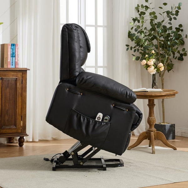 English Elm Black PU Remote-Controlled Heating Massage Recliner for Seniors with Assist Lift, Cup Tray, Remote Control W570P320457