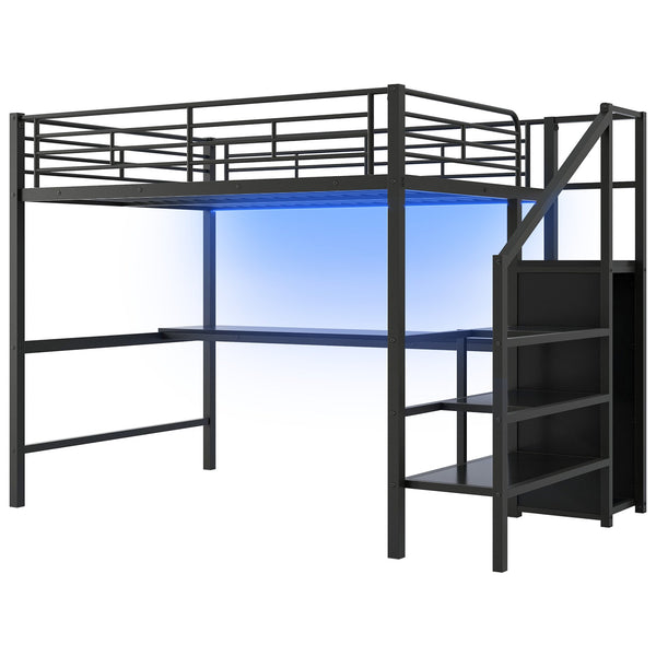 English Elm Full Size Metal Loft Bed With Desk, Storage Staircase, Wardrobe & Led Light - Space-Saving Design GX000620AAD