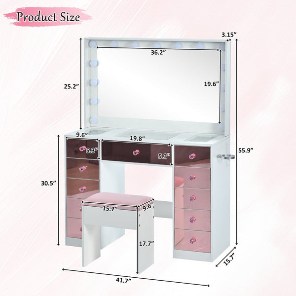 English Elm Makeup Vanity Desk Set with Hollywood Led Mirror Cushioned Stool and Crystal Drawer Pulls N704P340230K