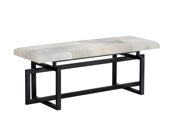 Sunpan Pilar Bench - Handcrafted Cowhide Seating with Stylish Black Iron Frame for Elegant Transitional Spaces Grey