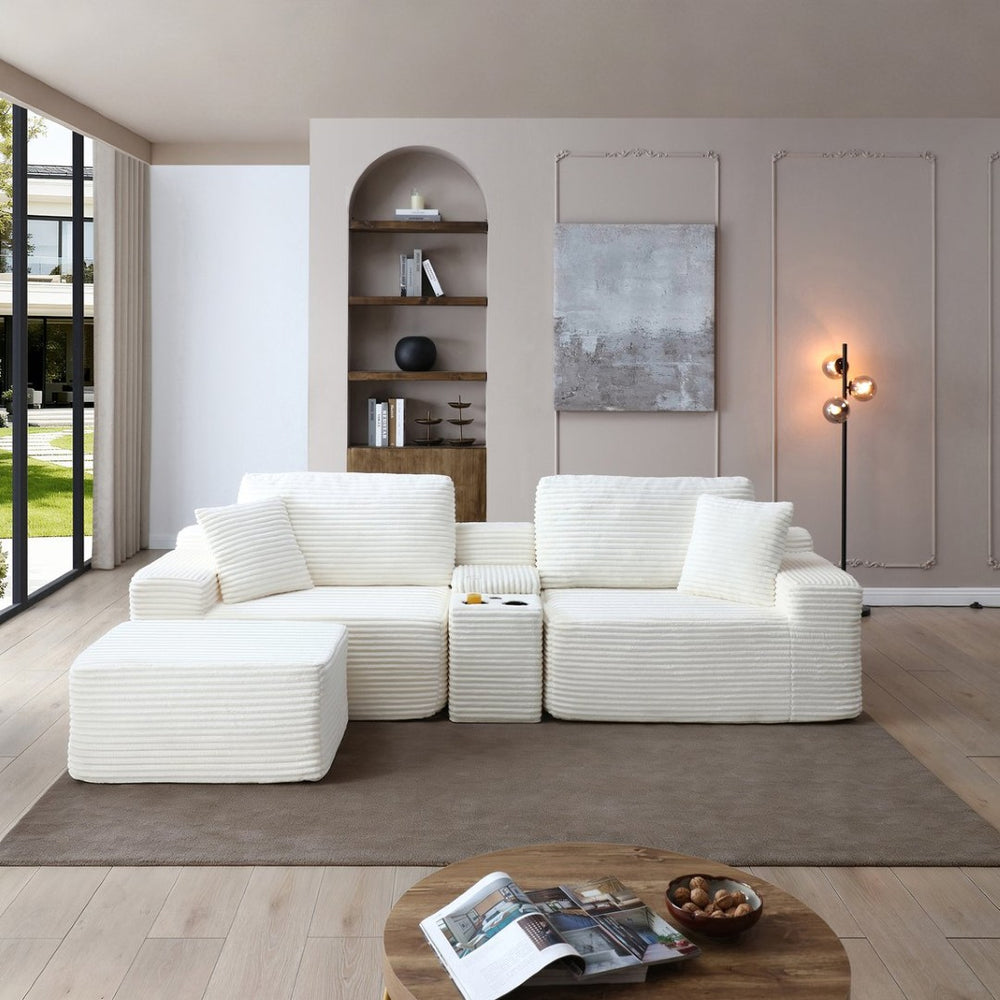 English Elm Modular Cloud Sectional Sofa with Corduroy Deep Seating Usb Ports and Storage Ottoman Beige W1117S00358