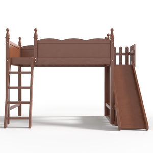 English Elm Twin Loft Bed Solid Pine Frame with Wardrobe Shelving Detachable Slide Kids Room Antique Natural W5305S00020