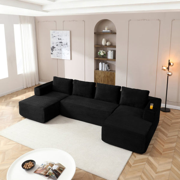 English Elm 132" Modular U-shaped Corduroy Sectional with Cloud Cushioning and Built-in Cupholders W1117S00314