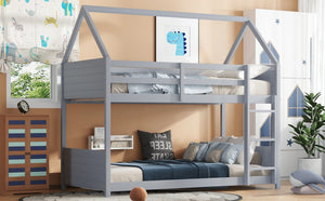 English Elm Twin Over Twin House Floor Bunk Bed With Safety Guardrails, Ladder & Playful Grey Design For Kids W504P314948-GIGA