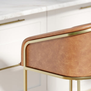 English Elm 26" Glam Counter Stool White Faux Leather Barrel Back Gold Steel Frame Kitchen Brown Pu B2751P436478