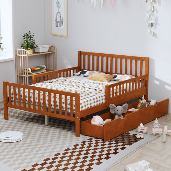 English Elm Full Wood Platform Bed with Headboard, Guardrails & Underbed Storage Drawers – Sturdy Pine Frame, 450LB Capacity Walnut 78.25 L x 18.5 W x 6 H N733P172700D