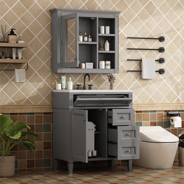English Elm 30'' Modern Bathroom Vanity Set With Mirror, Stylish Freestanding Cabinet, Ample Storage & Sink SW000127AAE-1